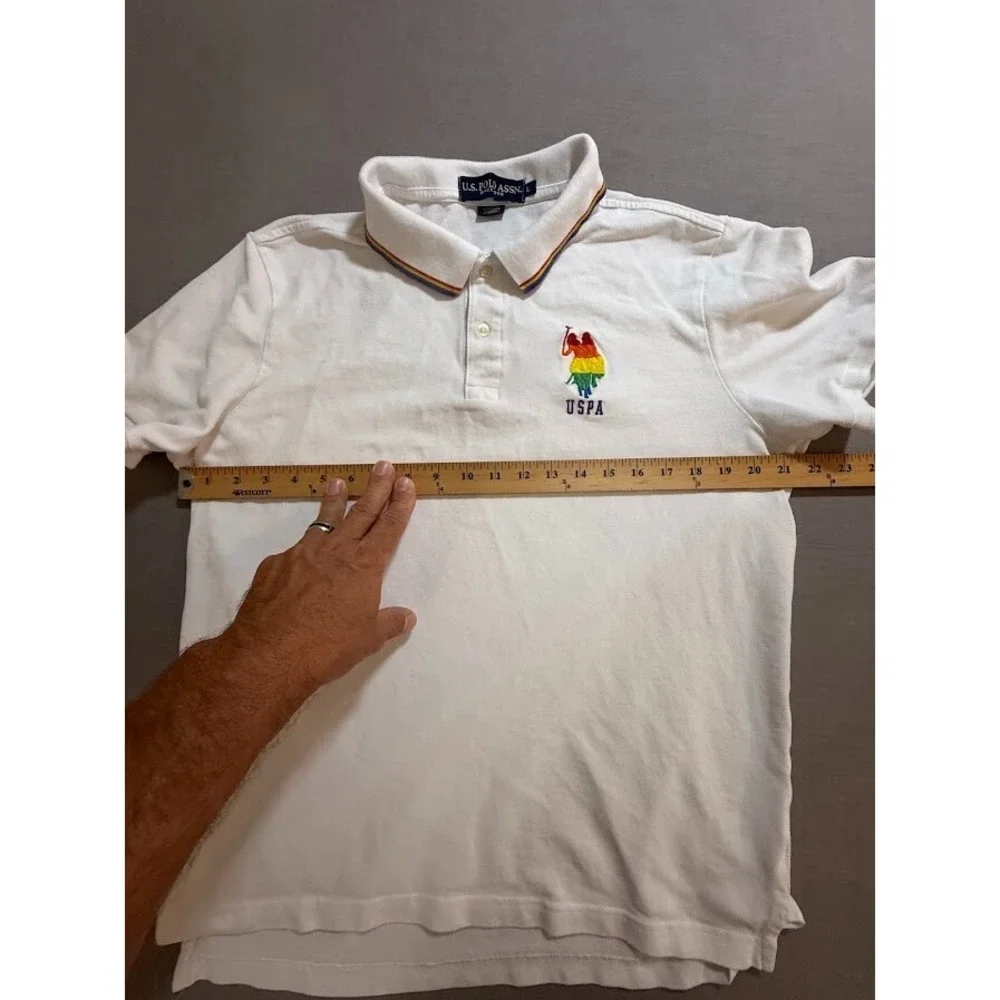 U.S. Polo ASSN. Polo Rainbow Pride Logo Shirt Adult L White Short Sleeve Button.